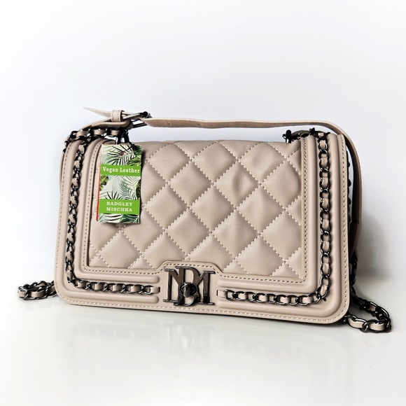 Badgley Mischka Handbags - NWT Badgley Mischka Taupe Quilted Vegan Leather Crossbody Bag Gunmetal Chain BM
